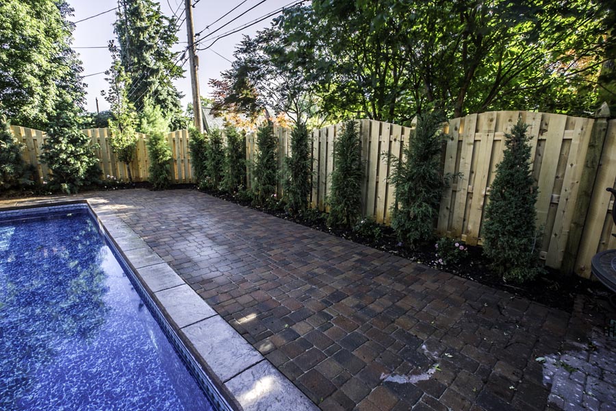 a landscape privacy screen built beside a pool in front of a fence